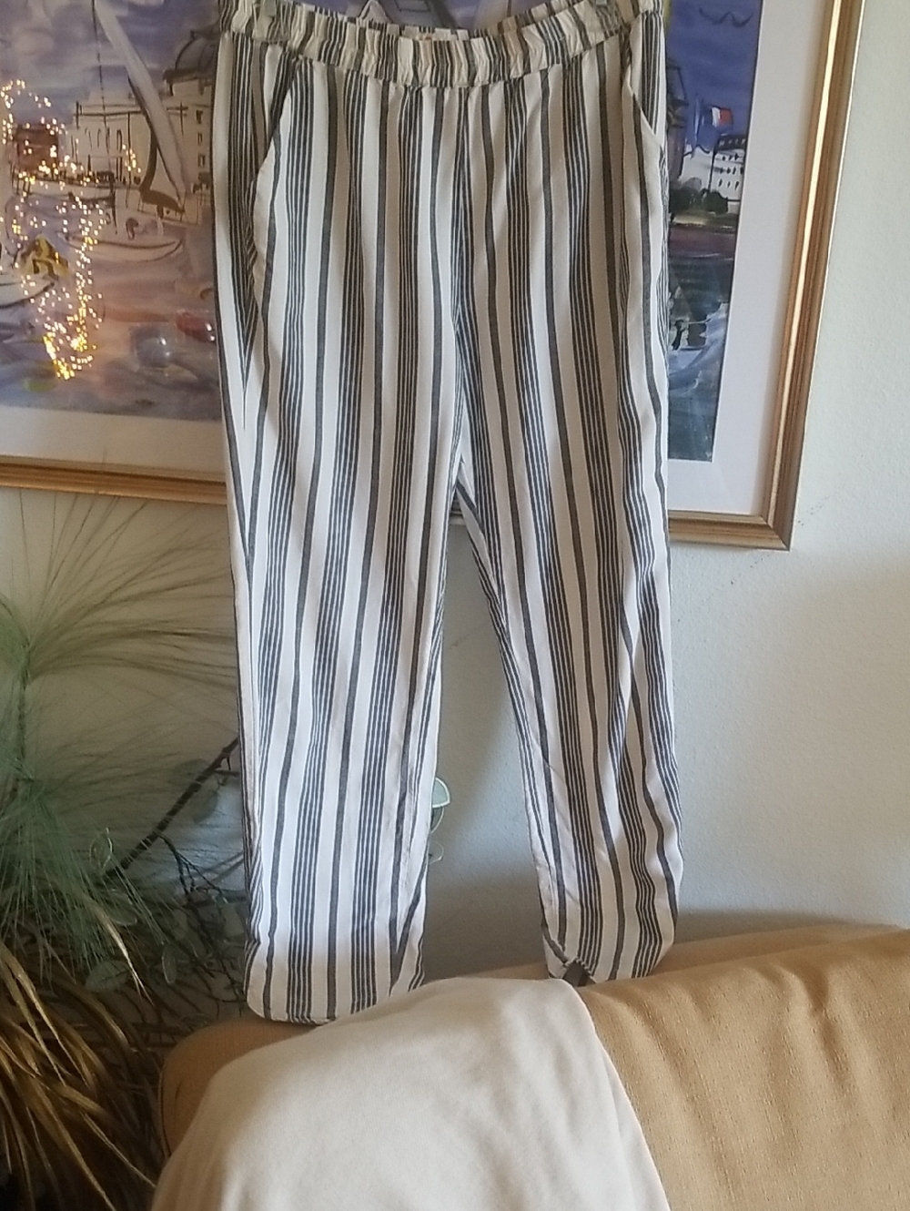 Marine Layer White Pants with Black Vertical Stripes